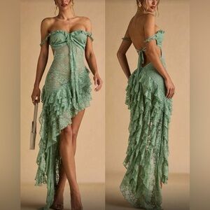 Luxe lace off shoulder open back slit thigh dress